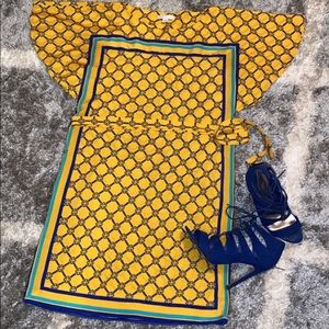 Blue/Yellow Drape Sleeve NY&Co Dress
